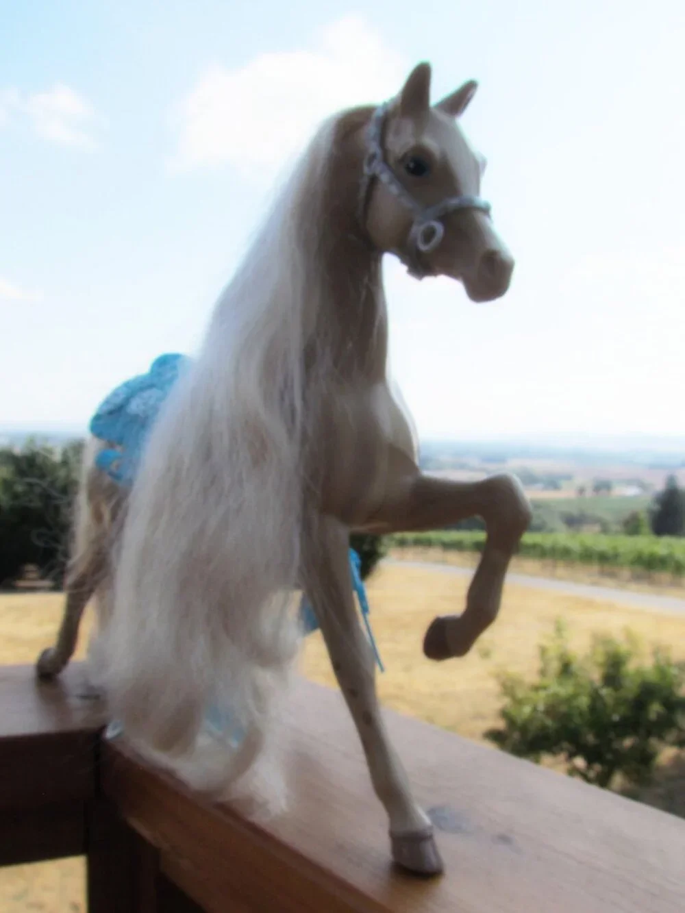 BARBIE WESTERN STAR HORSE + TRAILER, SADDLES, WOODEN TACK BOX BENCH, MISC LOT
